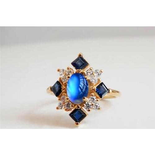 Cute Female Oval Moonstone Thin Ring Charm Gold Color Engagement Ring Luxury Blue Square Crystal Wedding Rings For Women