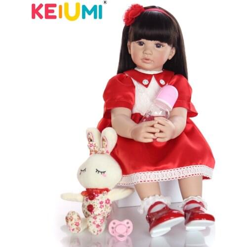 24 Inch KEIUMI Reborn Baby Doll Girl Soft Vinyl Princess Doll With Black Hair Bonecas Bebe Doll Red Lace Dress Kids Xmas Gift