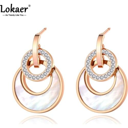 Lokaer Original Design Titanium Steel Rhinestone Party Earrings Trendy Geometry Circle Shell Earrings Jewelry For Women E21012