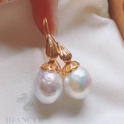 Fashion White Baroque Pearl Earring 18k Hook Luxury Irregular Dangle Earbob Real