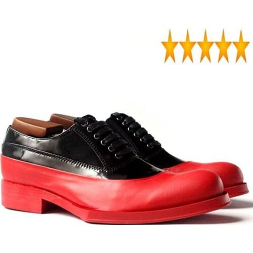 Real Handmade 100% Euro Men Leather Formal Oxfords Geometric Platform Block Med Heels Mixed Color Male Wedding Dress Shoes