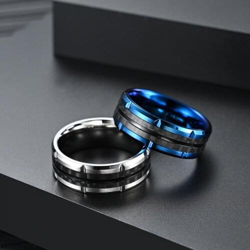 Classic Mens Double Groove Beveled Edge Blue Tungsten Wedding Rings Black Brick Pattern Brushed Black Carbon Fibre Ring For Men