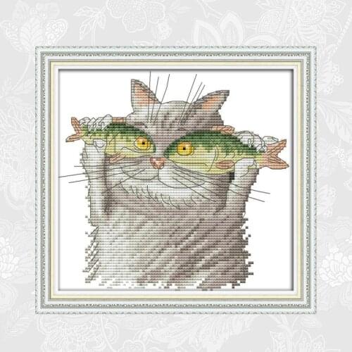 Cat Loves to Eat Fish Counted Cross Stitch Fabric 11CT 14CT DIY Embroidery Sets Home Decor Needlework Cross Stitch Kits