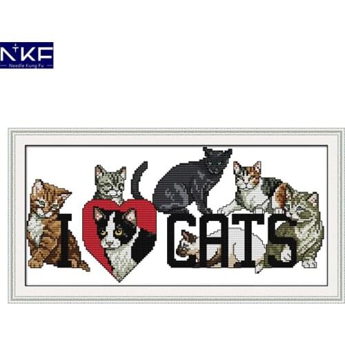 NKF LOVE Cat Cross Stitch Pattern Handmade Craft Painting Needlework Embroidery Kit Cross Stitching Set for Home Decor