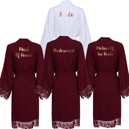 New Burgundy Solid Rayon Cotton Kimono Robes with Lace Women Wedding Bridal Robe Bathrobe Sleepwear White