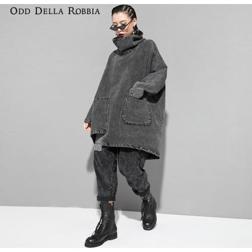 OddDellaRobbia Autumn Winter New High-Neck Pullover Wash Water Sweater Dark Personality Large Size Irregular Denim Shirt 190291