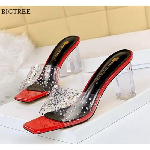2021 Party Woman Pumps Sexy Crystal Transparent PVC Slides Square Toe Patent Leather Women Sippers High Heel Mujer Elegant Shoes