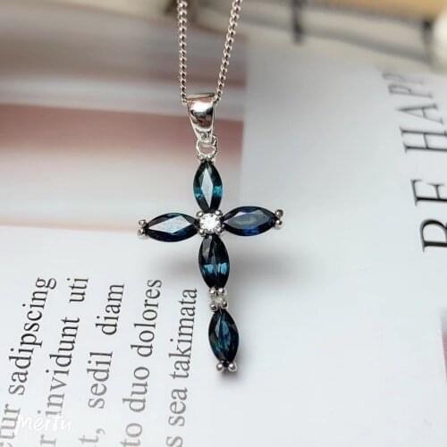 Natural sapphire necklace pendant Cross pendant Origin real sapphire 925 sterling silve