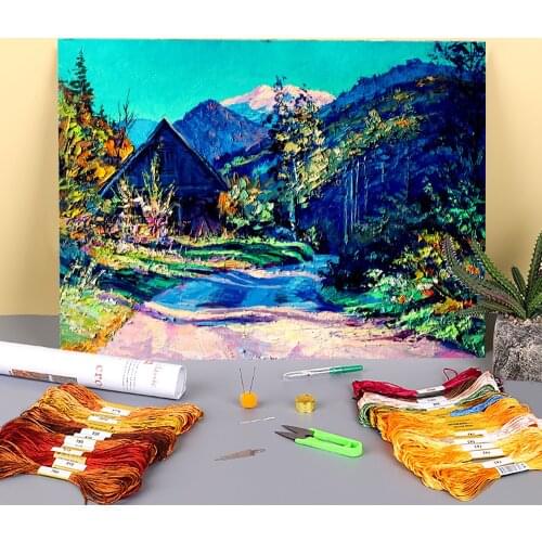 Landscape Road To The Mountains Printed Canvas 11CT Cross Stitch Embroidery Complete Kit DMC Threads Sewing Craft Counted