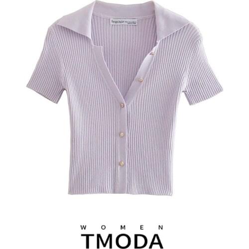 TMODA1391 Za 2021 Women Fashion Ribbing Cropped Knitted Sweater T Shirt Vintage Lapel Collar Short Sleeve Female Tops Mujer