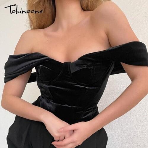 Tobinoone Solid Black Velvet Women T Shirts Ruched Off Shoulder Backless Sexy Club Party Tops Female Zippers Summer T-shirt 2021