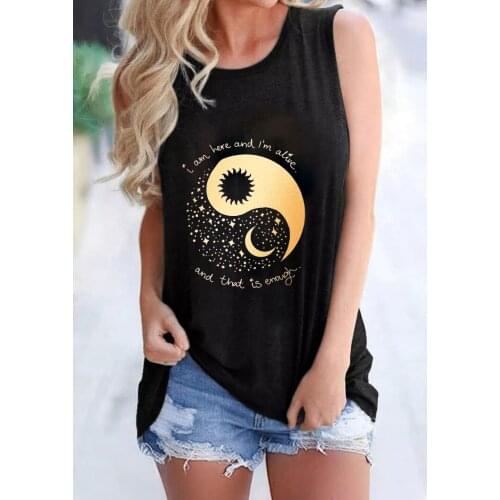 I am here and i'm alive and that is enough Tank top Funny Sun Moon Stars graphic Sleevele Tee women fashion casual vintage top