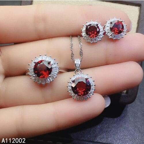 KJJEAXCMY fine jewelry natural garnet 925 sterling silver women pendant necklace ring earrings set support test luxury elegant