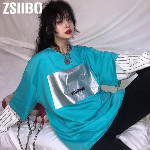 Women stripe Patchwork Long Sleeve Reflective Letter Print Sweatshirt Autumn Blue Black Pullover Female Hoodies Fake 2 Pieces