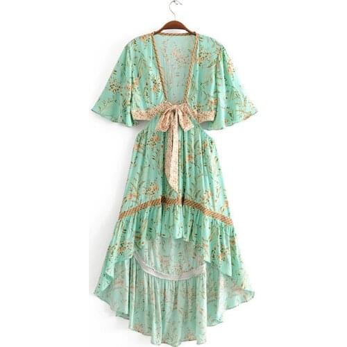 2019 New Turquoise Tide Bow Sashes Hollow Out Waist Dress Ethnic Woman Deep Floral Print Short Sleeve Swallowtail Dresses