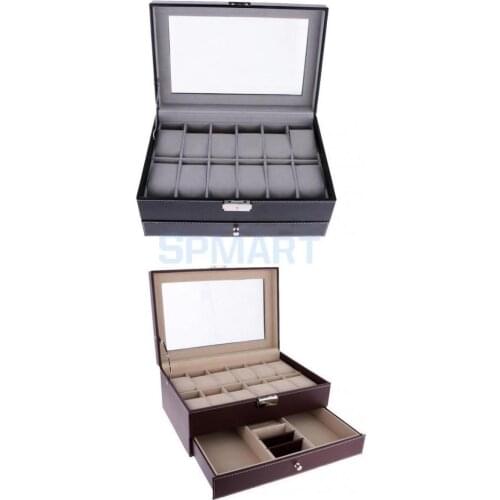 12 Slots 2 Layers Watch Organizer Box PU Leather Display Top Glass Jewelry Storage Case