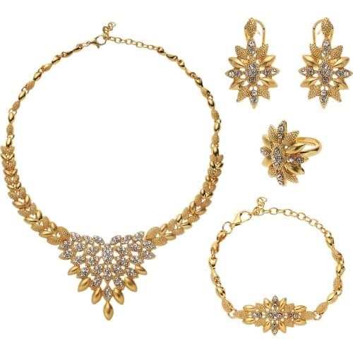 24K Gold Color Jewelry Sets for Women Luxury Necklace Earrings Bracelet Ring India African Nigeria Wedding Gifts Ethiopia Set