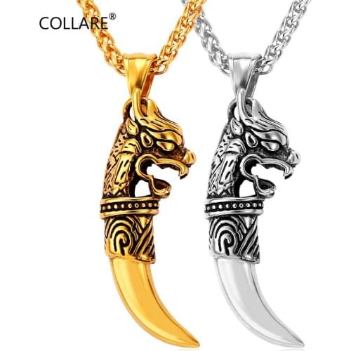 Collare Punk Lions Head with Spike Pendant Gold Color Stainless Steel Fangs Tooth Necklace Women Wolf Teeth Men Jewelry P225