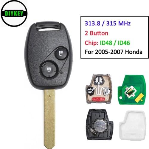 DIYKEY Remote Key Replacement 2 Button 313.8MHz / 315MHz ID48 / ID46 Chip for Honda 2005 2006 2007