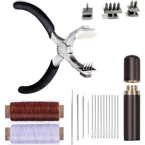 LMDZ Stitching Hole Punch, 4mm Silent Rhombus Leather Hand Pliers with Leather Needle, Wooden Needle Case, Waxed Thread