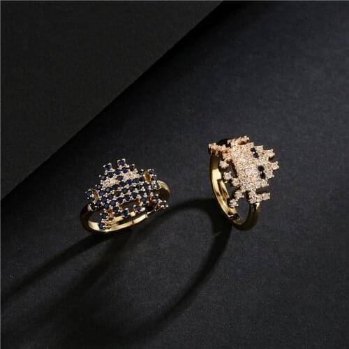 Luxury Full Cubic Zircon Stone Pave Setting Alien Robot Shape Open Ring Adjustable Gold Color Copper Punk Style Jewelry Gift