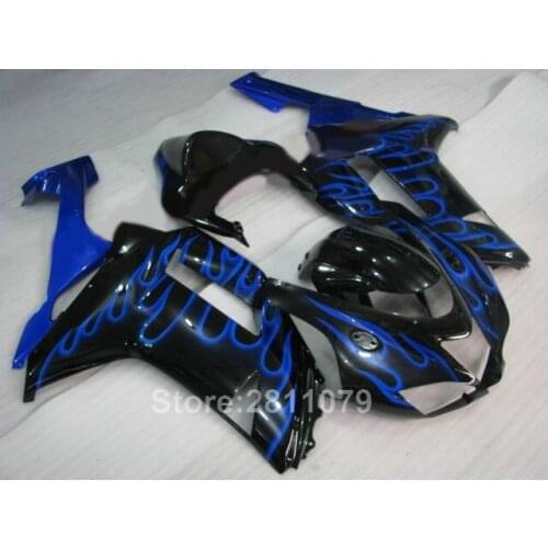 High quality plastic fairing kit for Kawasaki Ninja ZX6R 07 08 blue flames black fairings set ZX6R 2007 2008 WT29