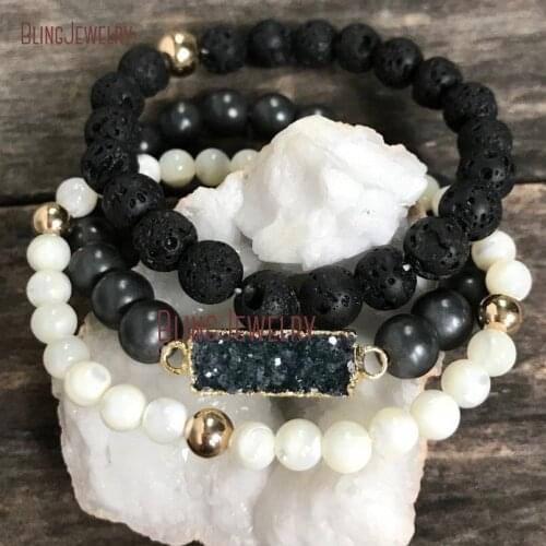 Mother of Pearls Lava Rock Druzy Bar Bracelet Stretch Beaded Stretch Stacking Bracelets Healing Bracelets BM16089