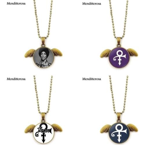 Mendittorosa Glass Cabochon Round Bronze Angel Wings Pendant Necklace Jewelry Gifts Prince RIP Symbol Logo Love Gothic