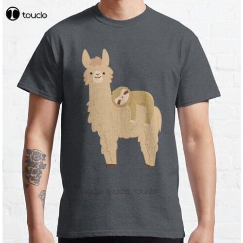 New Adorable Sloth Relaxing On A Llama | Funny Llama Sloth Classic T-Shirt Cotton Men Tee Shirt