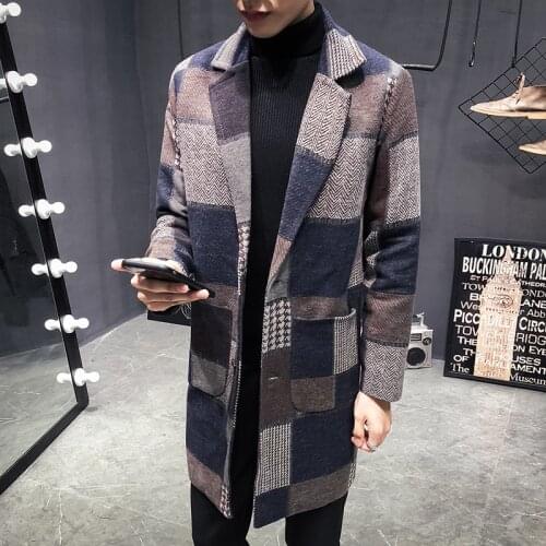 New Winter Fashion Single Breasted Contrast Color Plaid Slim Fit Long Coat Men Plus Size Patchwork Mens Overcoat