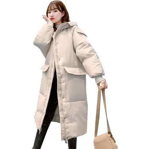 Winter new down jacket women overcoat medium long loose hooded big pockets ladies down jacket cotton coat thick parker jackets