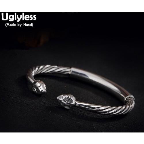 Uglyless Real 990 Silver Fine Jewelry Handmade Women Twist Bangles Lotus Screw Thread Bangle Ethnic Statement Dress Bijoux Femme