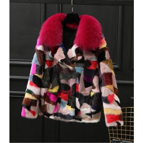 Genuine real natural mink fur coat with fox fur collar womens fashion English collar multi-color warm jacket custom any size