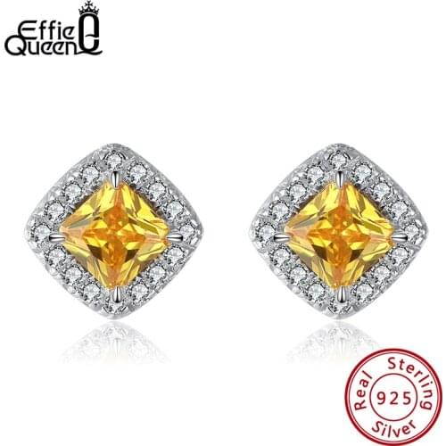 Effie Queen Solid 925 Sterling Silver Women CZ Stud Earrings Rhodium Finish Yellow Crystals Sparkling Square Stud Jewelry APE31
