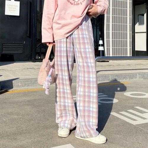 Pink Plaid Pants Ulzzang Womens Harajuku Loose Sleep Bottoms Lounge Wear High Waist Trousers Ladies