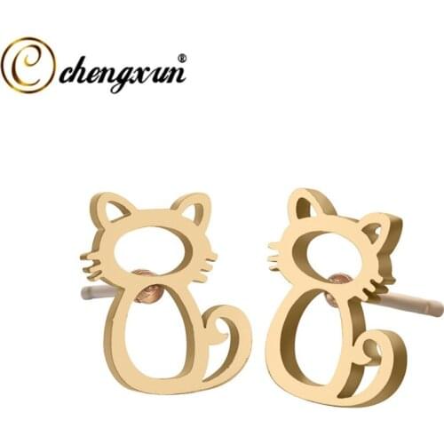 CHENGXUN Cute Cat Kitty Stud Earrings For Women Girl Animal Shape Stainless Steel Jewelry Simple Birthday Valentine