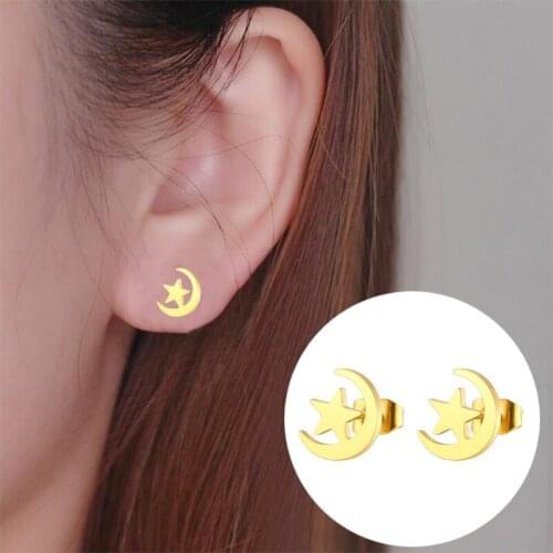 Star Moon Stud Earrings Fashion Mini Gold Color Sweet Stainless Steel Stud Earrings Feminine Charm Jewelry Party Accessories