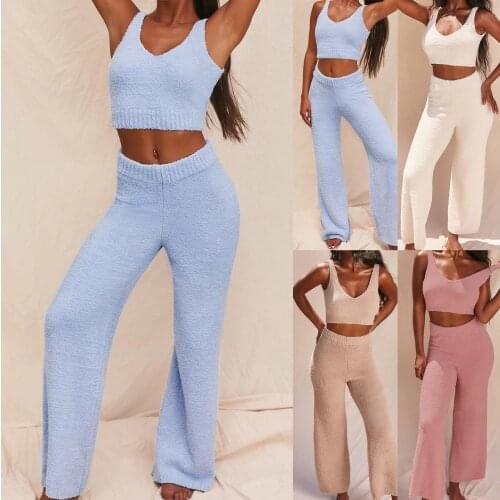 2020 Women Autumn Backless Crop Top Vest Pants Plush Two Piece Outfit Matching Set V Neck High Waist Gym Yogo Female Tracksuit