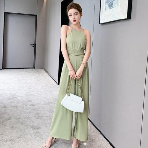 Fashion Korean Summer Casual Vintage Beach Loose Jumpsuits Women Elegant Halter Sleeveless Streetwear Wide leg Long Jumpsuits