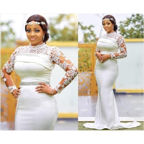 Dubai Long Sleeves Wedding Dresses High Neck Lace Applique Crystals Mermaid Satin Custom Made Plus Size Wedding Gown robe de