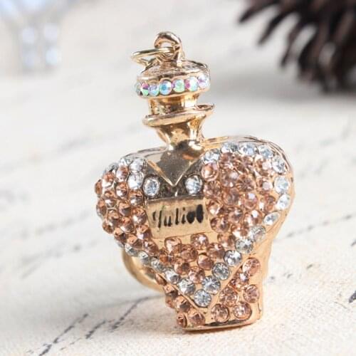 Gold Perfume Bottle Women Car Keyring Rhinestone Crystal Charm Pendant Puse Bag Car Key Chain Beautiful Ladys Gift