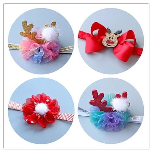 12pcs Fashion Cute Glitter Reindeer Headbands Fur Pom Pom Floral Ribbon Bow Deer Soft Hairbands Xmas New Year Hair Accessories