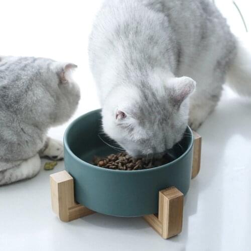 850ml Cat Rounded Bowl Ceramic Dog Cat Food Bowl Water Feeder Pet Puppy Drink Water Bowl with Stand Wood Pet Supplies Cat