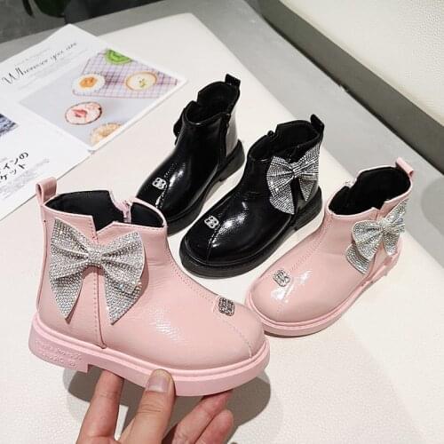 Girls' Ankle Platform Snow Boots for Girls Leather Black Fashion Autumn Rubber Boots Kids Low-heeled Warm Bow Girl Trendy Shoes