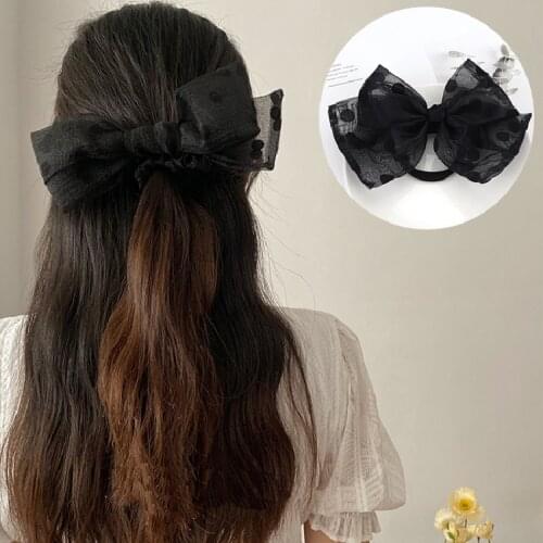 Retro Black Double Layer Hair Bow Headbands Elegant Women Large Hairpin Beautiful Girls Romantic French Dots Mesh Barrettes Clip