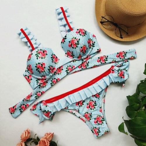Hot sexy 2018 floral print bikini set women clothes bandage Push up Biquinis bathing set ruffles bowknot Beachwear Swim Suits