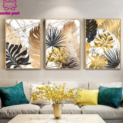Golden Leaves Diy Diamond Painting Full Square Round Drill 5D Diamond Embroidery Mosaic Needlework Triptych Home Decor