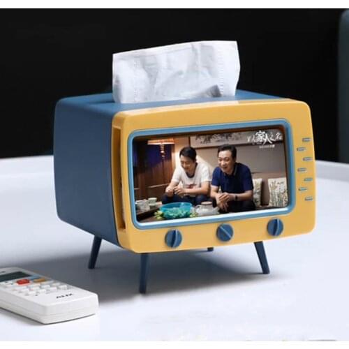 Creative Tissue Box TV Shape Desktop Finishing with Mobile Phone Holder Storage 2 In 1 Napkin Box Storage Box Organizer