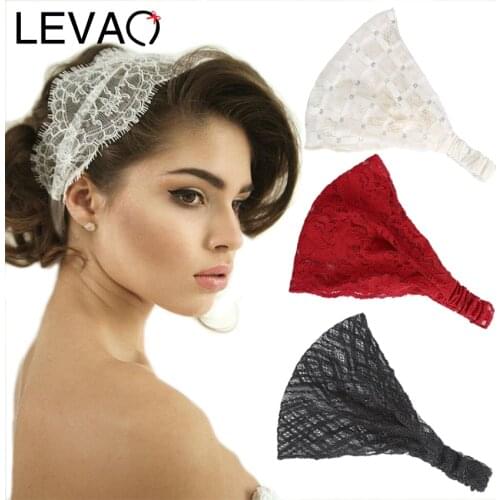 Levao Hollow Lace Tulle Head Band Elastic Hair Bands for Women Bride Wedding Headwrap Crochet Flower Plaid Headband Bandana