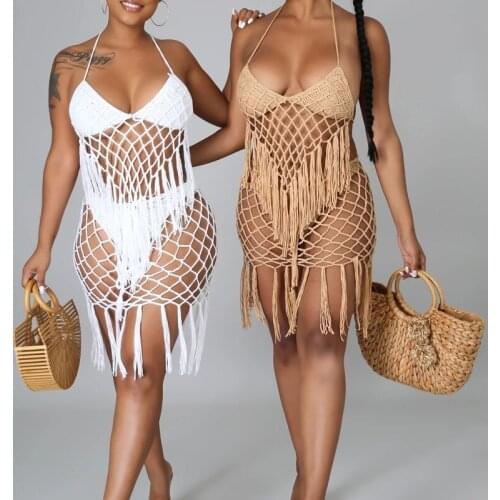 2021 New Handmade crochet 2PCS/SET beach cover-ups sexy women tassel halter crop top+ short bottom beachwear